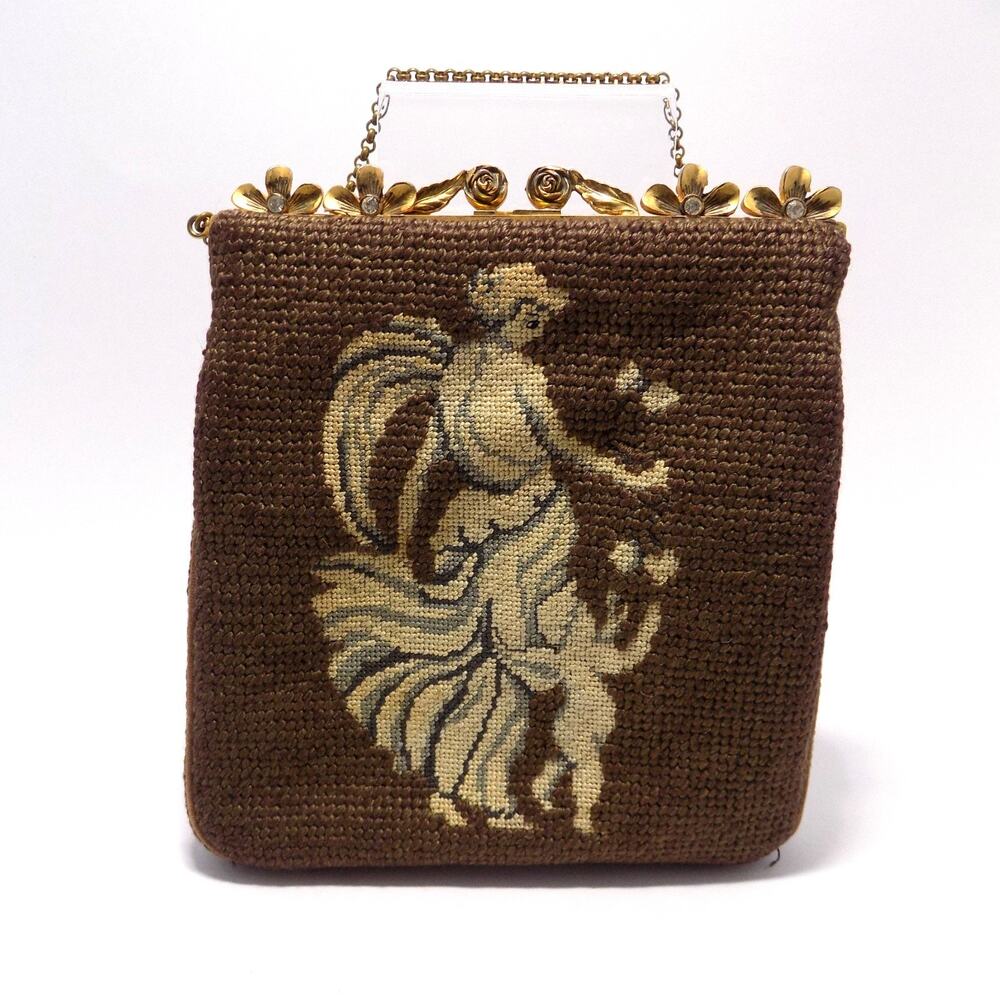 Vintage Beautiful Needlepoint Neoclassical Figure with Cherub Bag